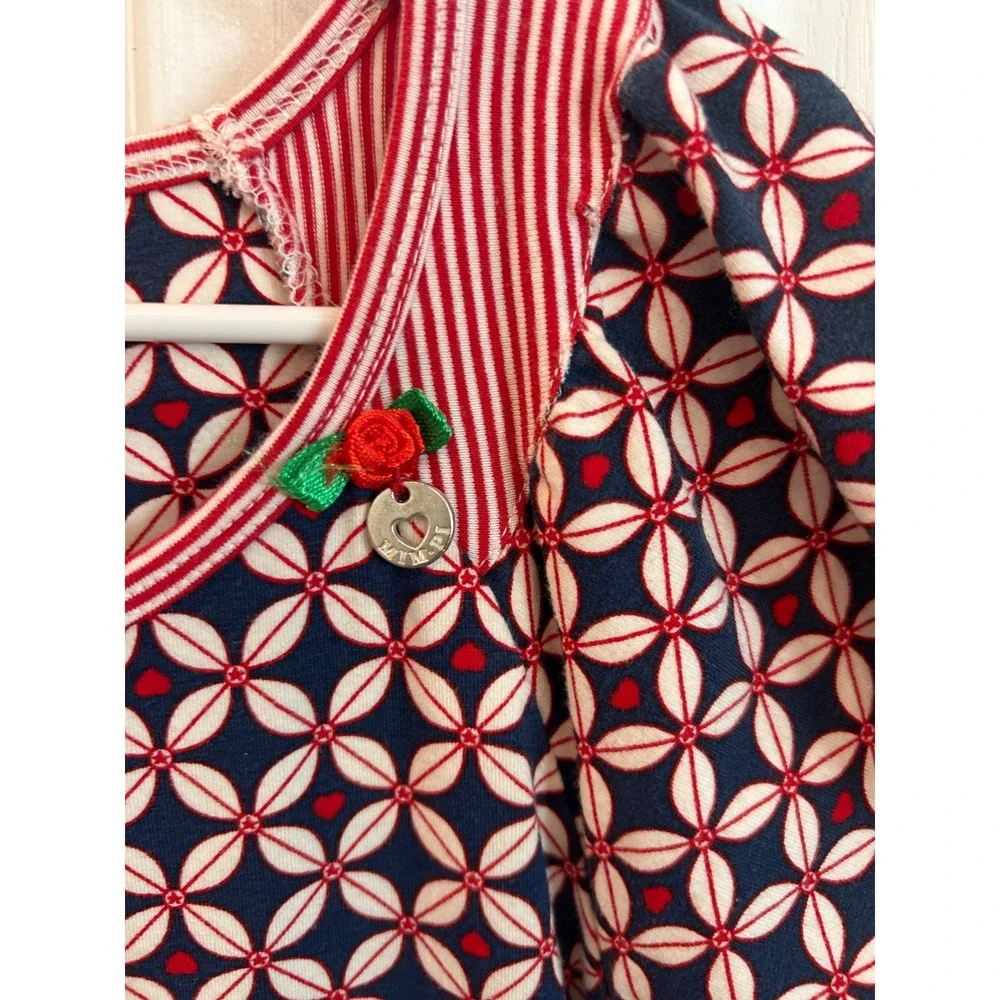 Mim-Pi Dress Navy Red Geometric Floral Heart Tiered Ruffle Flutter Sleeve 110